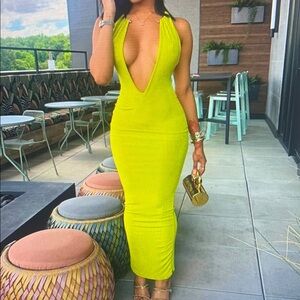 Plunge Neck Bodycon Midi Dress in Neon Yellow